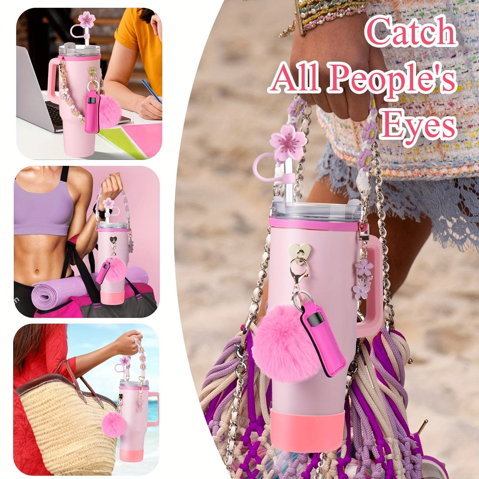 Guulone 8PCS Water Bottle Accessory Kit: Silicone Handle Strap, Protective Sleeve, Straw Cover, Lipstick Pouch, Cup Charms - Fits 30oz/40oz Insulated Tumblers